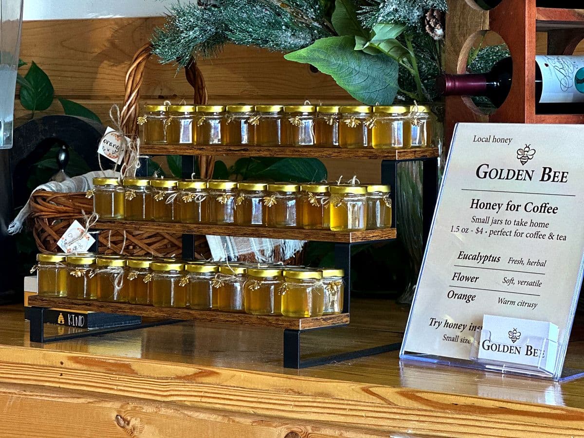 Jars of raw local honey from nearby Sacramento beekeepers on the shelf